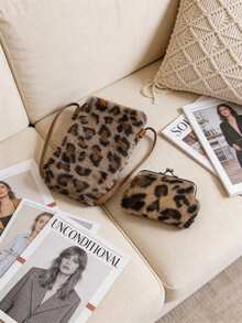 Women's Plush Faux Fur Leopard Print Crossbody Bag And Plush Leopard Print Coin Purse Set,Fashion Coin Purse,Leopard Print Fashion Minimalist Shoulder Bag, Magnetic Snap Closure Phone Pouch With Polyester Lining & Edge Paint Detail, Lightweight Compact Mobile Phone Bag - Multicolor - View 4