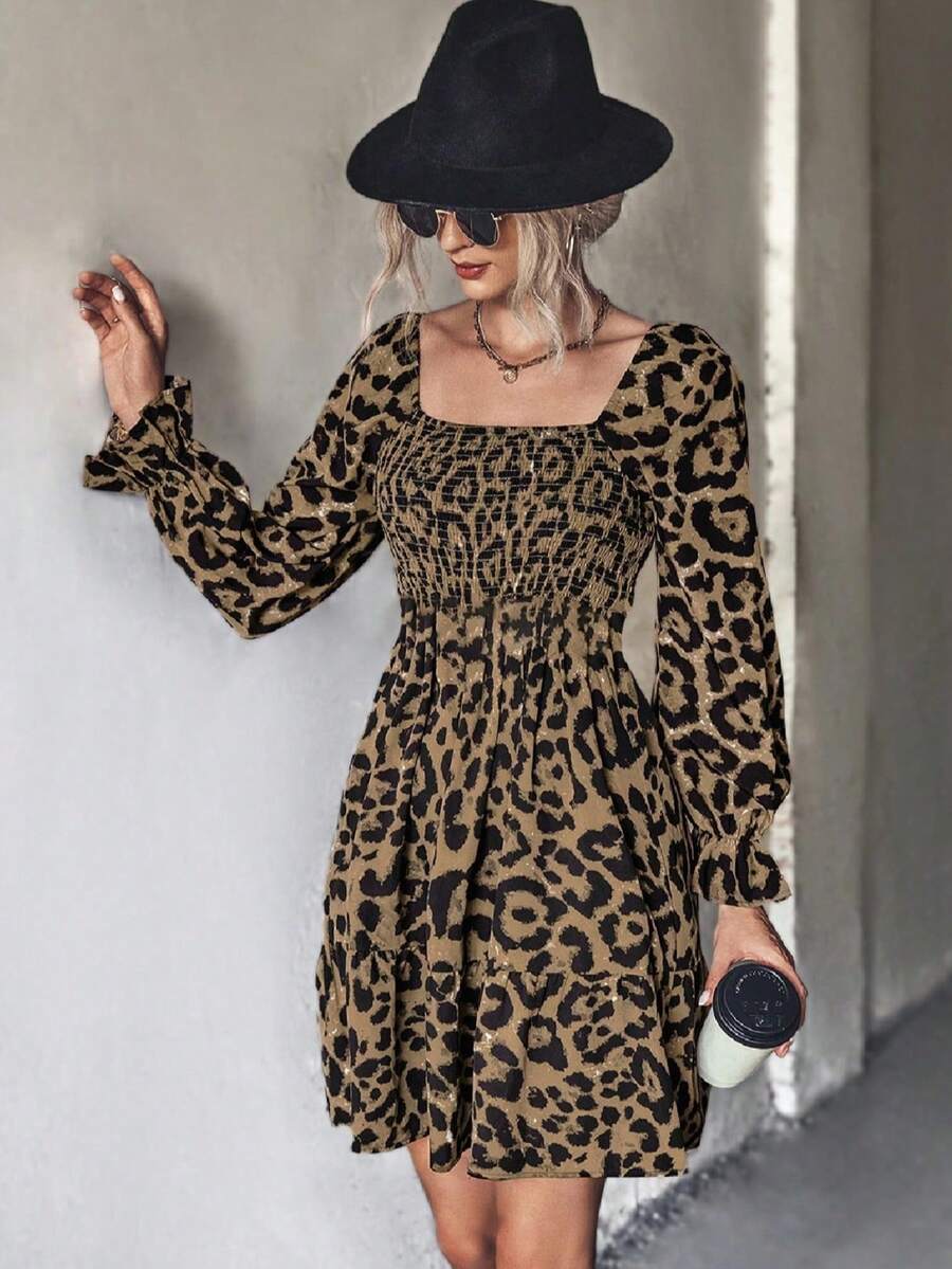 Women's Leopard Print Elegant Casual Woven Dress - Brown - View 1