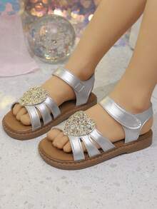 2022 Summer New Girls Casual Sandals, Fashion Versatile Soft Bottom Round Toe Open Toe Flat Sandals, Student Sandals, Princess Sandals, Girls Fashion Flat Sandals - Silver - View 3