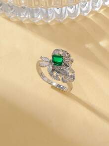 Gift Box Luxury Leaf-Shaped Emerald Ring, Shiny Cubic Zirconia Jewelry For Party And Banquet, Ideal Gift Choice For Holidays - Silver - View 5