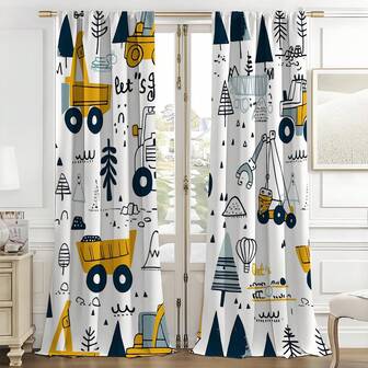 2片装2D黄蓝卡通工程车图案窗帘，涤纶纤维材质，适用于出租房、客厅、厨房、卧室，可拆卸机洗，小窗户装饰窗帘