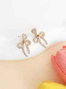 1 Pair Fashionable Rhinestone Encrusted Heart & Bow Dangle Earrings For Women - Heart-shaped Bow Earrings - View 2