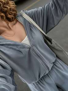 Plus Size Women 2 Piece Set, Solid Color Hooded Zip-Up Long Sleeve Sweatshirt/Jacket + Wide Leg Pants, Casual Loose Plus Size 2 Piece Outfit, Plus Size Winter Clothing, New Year Women Apparel - Grey - View 6