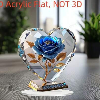 2D Elegant Bohemian Heart-Shaped Acrylic Display Stand With Blue Rose - Battery-Free 2D Printing, Ideal Valentine's Day Gift For Home Or Office Decor