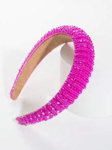 Handmade Sponge Crystal + Seed Bead Black Headband ,Hair Band ,Diadema ,Hair Hoop - FG325 - Rose Red - View 2