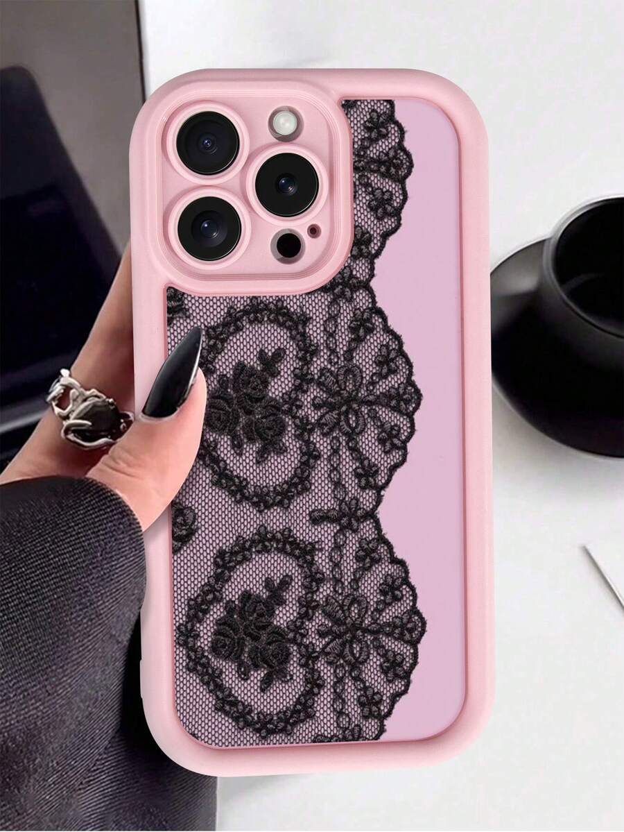 1pc "Lace" Pink Base Lace Pattern Design Phone Case | New High-End Groove Skin Feel Thick Anti-Drop Protective Cover - Compatible With IPhone 17/11/16pro/16plus/16promax/16e/15Promax, S24/S23/A54/53/A55 - Minimalist, Suitable For Daily Use And Gifting To Friends - Pink - View 1