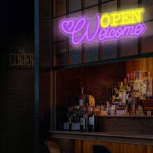 1 Stück Willkommen Offen Neon Schild, Geschäft Willkommen Schild, LED Schild, Kommerzielle Neon Wanddekoration, Neon Licht Offen Schild mit USB-Stromversorgung, für Gewerbe, Bar, Geschäft, Salon, Hotel - Lila + Zitronengelb - Übersicht 4