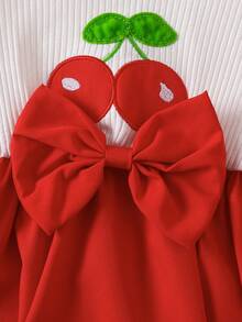 女婴时尚休闲甜美可爱樱桃刺绣蝴蝶结圆领泡泡袖连衣裙，春夏款 - 彩色 - 查看 5