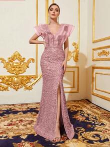 Faeriesty Đầm dạ hội dài thanh lịch cổ bèo nhún dành cho nữ - Xẻ tà đuôi cá, chất liệu sequin lấp lánh, dáng ôm sát | Hoàn hảo cho các buổi dạ tiệc trang trọng và đám cưới | Kết hợp với trang sức nổi bật và giày cao gót để có vẻ ngoài hoàn hảo cho kỳ nghỉ hè. - Hồng - Xem 2