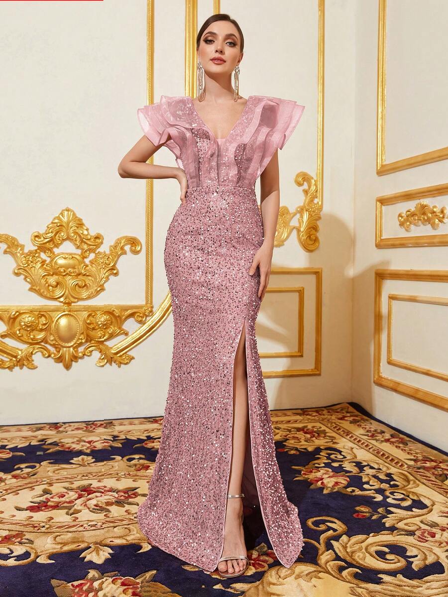Faeriesty Women's Elegant Ruffle Collar Long Evening Dress - Slit Fishtail Hem, Shiny Sequin Fabric, Fitted Silhouette | Perfect For Formal Galas And Weddings | Pair With Eye-Catching Jewelry And Stilettos For A Summer Vacation Look - Pink - View 1