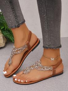 大码 35-45 时尚圆头女士平底凉鞋,夏季露趾锈棕色水钻人字拖轻便女士凉鞋,沙滩装,人字拖 - 銹棕色-香檳鑽 - 查看 5