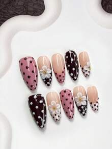 10 miếng dán móng tay hình hoa thủ công, móng giả kiểu Pháp, họa tiết chấm bi, sơn gel trắng, sơn móng tay hồng, móng nâu, làm móng mềm mại, bao gồm bộ dụng cụ (1 miếng dán gel + 1 dũa móng), 3 kích cỡ: hình hạnh nhân, hình mỏ vịt, hình quan tài, phù hợp cho phụ nữ và bé gái, hẹn hò, cưới hỏi, mùa thu/đông, tiệc tùng, dụng cụ làm móng thủ công. - Nhiều màu - Xem 17