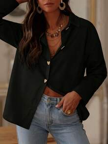 Women's Solid Color V-Neck Button Front Casual Long Sleeve Shirt - Black - View 4