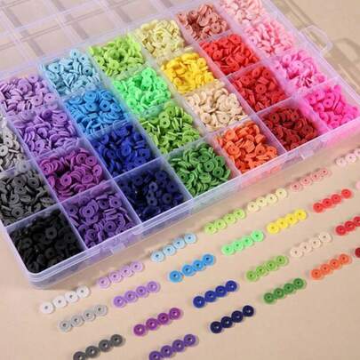 1盒粘土珠子手链制作套装，28种颜色，6毫米宽扁平圆形聚合物粘土隔珠，海希珠，适用于DIY珠宝制作工艺品