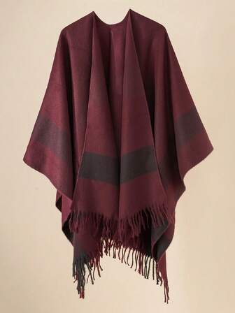 1件装女士保暖条纹流苏披肩