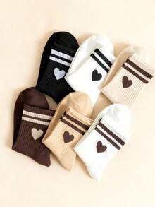 1/6 双装女士卡其色条纹爱心中筒袜 - 简约、舒适、休闲、柔软 - 适合日常穿着、运动和校园风格 - 彩色 - 查看 3