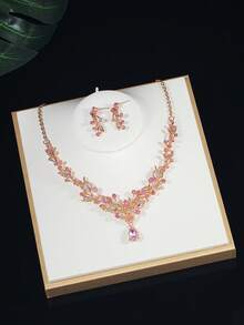 4件套青少年首饰套装，公主项链套装，皇冠项链套装，水晶花朵头饰，奢华皇冠项链礼盒，适合婚礼、节日、晚会等场合 - 粉色 - 查看 4