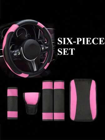 6pcs/Set, 3pcs/Set, 1pc/Set Automotive Accessories Set: PU Leather Steering Wheel Cover, Car Steering Wheel Cover, Center Armrest Cover, Car Handbrake Cover, Seat Belt Cover, Armrest Cover, Handbrake Cover, Car Accessories, Car Interior Parts.