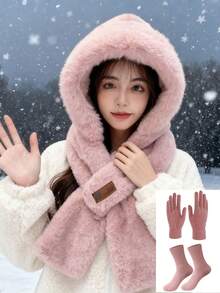 1件或2件装男女通用纯色帽子围巾套装，含手套，秋冬季保暖隔热防风护耳帽，适合骑行、滑雪、徒步等户外活动，情人节度假礼物