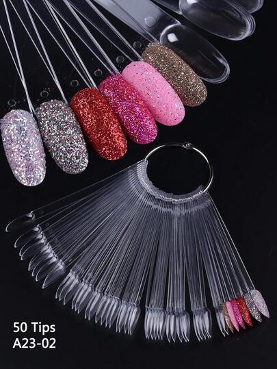 50pcs Transparent Nail Polish Color Card Sticks With Rings - Oval, Round And Fan Shaped Nail Polish Display Sticks For Manicure Training, Salon Color Testing And DIY Nail Art Learning Kit
