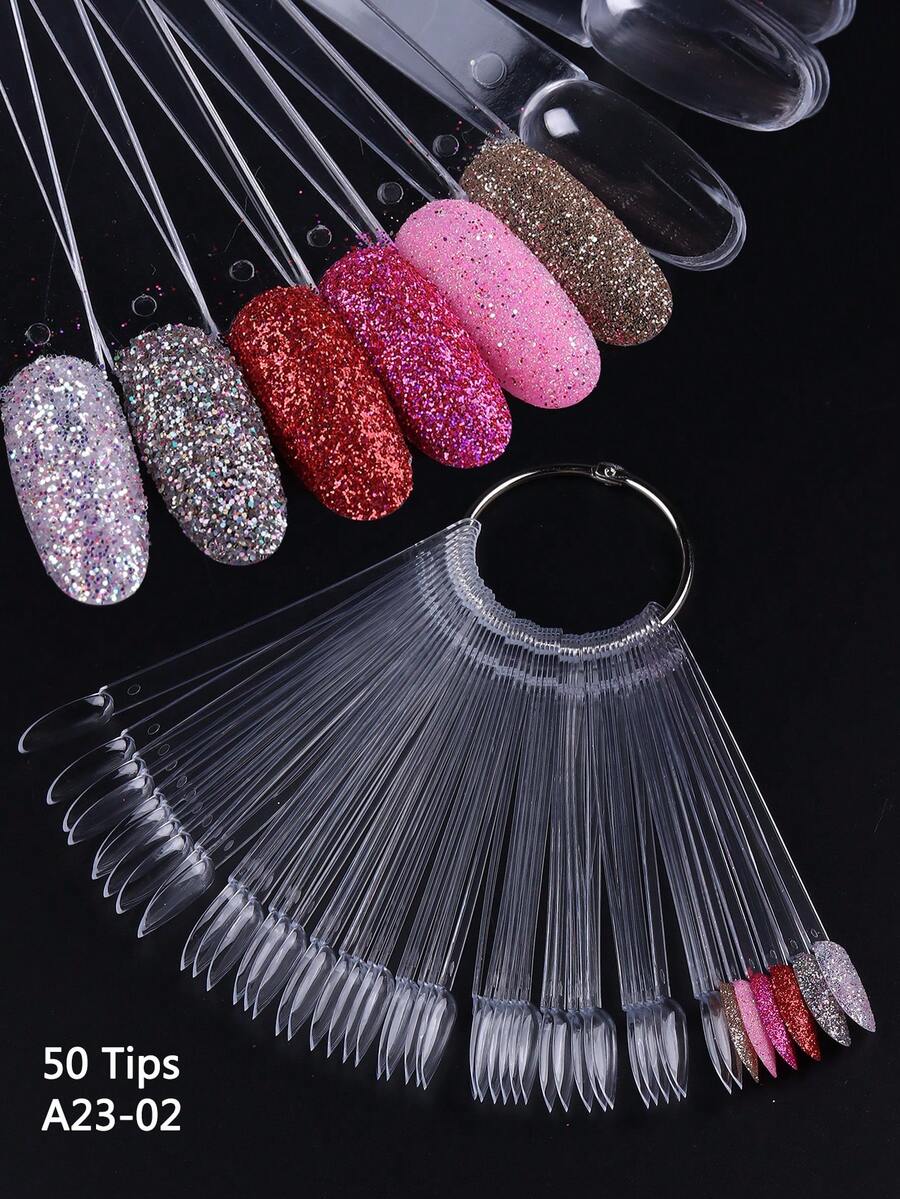 50pcs Transparent Nail Polish Color Card Sticks With Rings - Oval, Round And Fan Shaped Nail Polish Display Sticks For Manicure Training, Salon Color Testing And DIY Nail Art Learning Kit - Clear - View 1