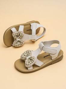 2026 米色复古甜美女童凉鞋，米色柔软PU材质+格子蝴蝶结，浅棕色软底，防滑可调节搭扣，定义女童轻复古艺术风平底凉鞋！ - 杏色 - 查看 6