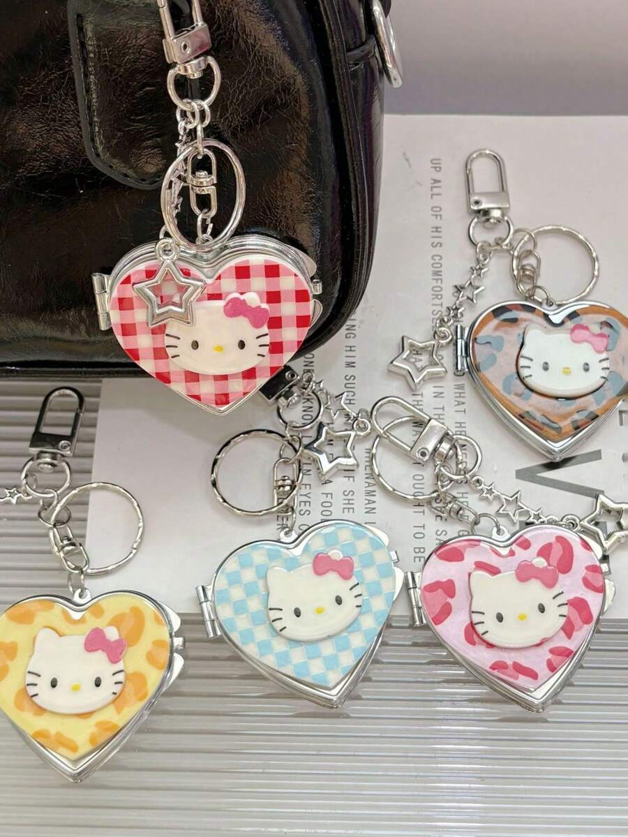 SANRIO 1 chiếc móc khóa hình trái tim có gương soi hình mèo KT hoạt hình dễ thương và thời trang, phụ kiện túi xách độc đáo, phụ kiện cao cấp. - Nhiều màu - Xem 1