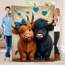 1pc Highland Cow & Pink Bows Flannel Blanket - Soft Warm All-Season Throw For Office, Bed, Sofa, Camping - Contemporary Cozy Gift With Background Design, Cow Blanket - 多色 17 - 查看 13