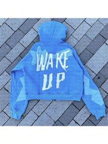 Men's Y2K Hoodie Fashion High Street Personality Hip-Hop Style Letter Print Hooded Cardigan Jacket - Blue - View 3