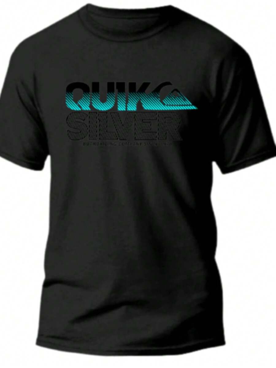 Men's Printed T-Shirt With Geometric Surf Style Art, Modern T-Shirt With Urban Look And Vibrant Blue Details - 黑色 - 查看 1