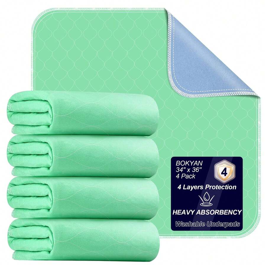 Washable Bed Pads 4 Pack 34"X36", Reusable Incontinence Underpads With Extra Heavy Absorbency For Diaper Changing, Pee Pads, Puppy Pads, Waterproof Sofa And Floor Protector, Green And Blue - Green - View 1