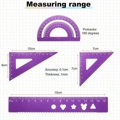 4pcs Triangular Ruler Set 15mm Aluminum Ruler Geometric Protractor Ruler Engineering Scale Drafting Ruler Kit Office Home, Purple