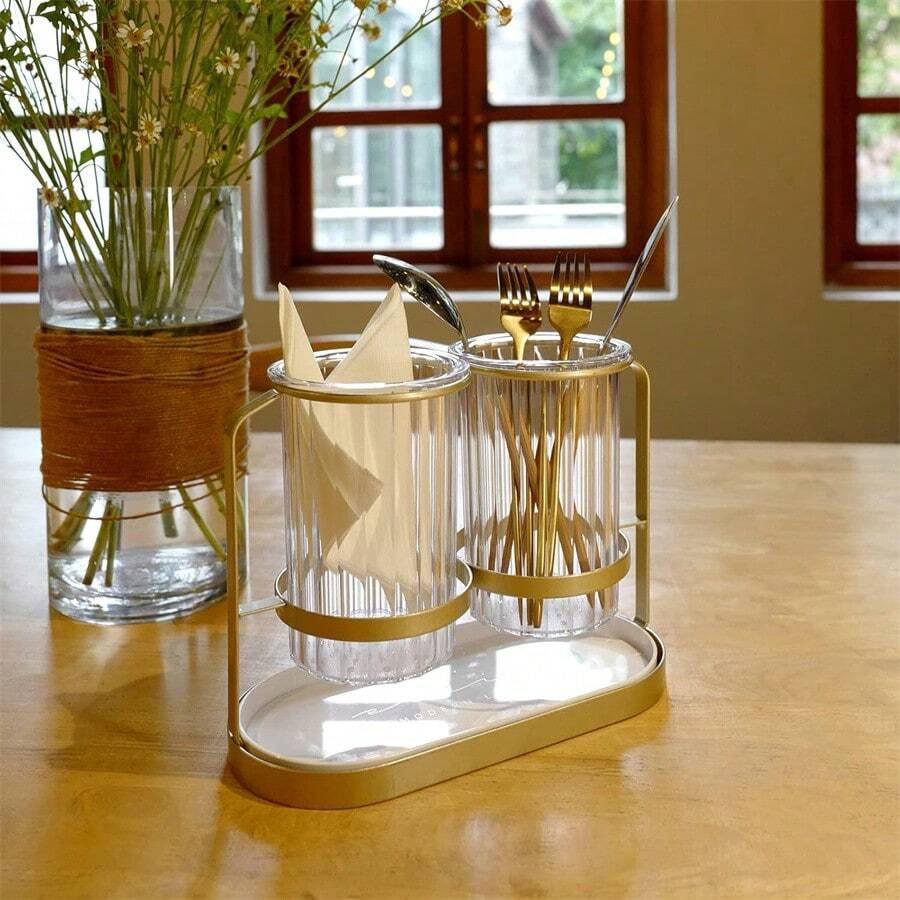 1set Metal Tableware Organizer, Knife Fork Spoon Table Set, Party Kitchen Dining Table Utensil Storage - Clear - View 1