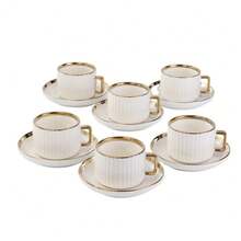 一套简约竖条纹金边陶瓷杯碟，250毫升/8.45盎司欧式咖啡杯碟，2件套/6件套优雅下午茶杯碟套装，适用于客厅、餐厅、咖啡馆、圣诞节、斋月聚会礼品 - 金色 - 查看 12