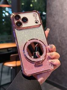 奢华电镀闪粉透明镜面支架手机壳，兼容 17 Air 16 E 15 14 Plus 13 12 11 16 Pro，镜头保护防震保护套 - 粉色 - 查看 5