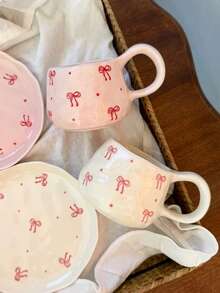 1pc Hand-Painted Polka Dot Bow Ceramic Cup & Saucer Set, French Countryside Style Pink Bow Ceramic Coffee Cup & Saucer, Romantic Girly Aesthetic Mug, Suitable For Daily Afternoon Tea, Gathering With Friends - Multicolor - View 6