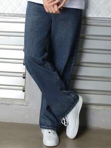 Logeqi® Jeans Vaqueros Lavados Versátil Baggy De Hombre - Azul Marino - Ver 2