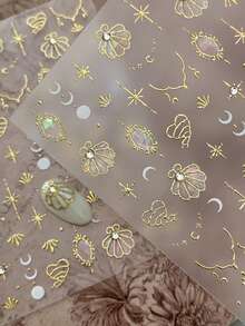 1片5D水钻烫印贝壳美甲贴纸，DIY彩色贝壳星月图案Y2K美甲贴纸，浮雕2D美甲贴纸和贴花美甲工具贴花美甲用品，适用于DIY按压式美甲装饰 - 彩色 - 查看 3