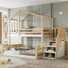 Litera, 90*200cm, madera de pino, cama con ventana, cabecero, barandilla, escalones de almacenaje, natural - Color natural 1 - Ver 2