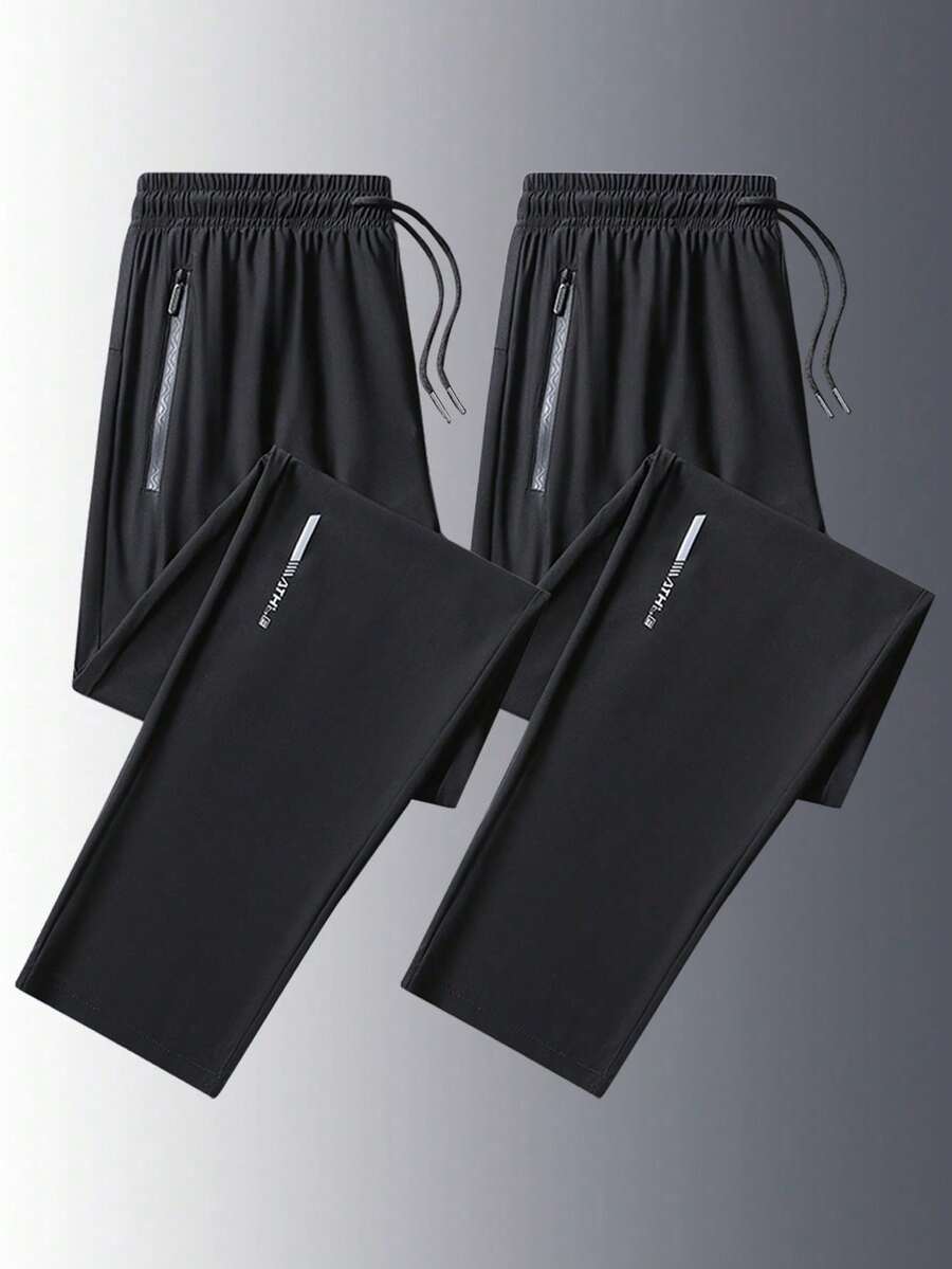 2 piezas Pantalones de 3/4 de longitud para hombres con bolsillos en ángulo y cordón en la cintura - Negro - Ver 1