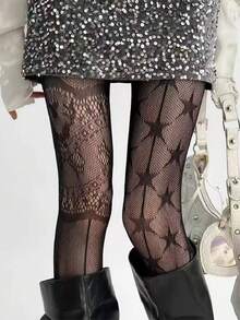1件性感镂空蕾丝连裤袜，薄网眼丝袜，灰色星形渔网袜，女士春夏款 - 彩色 - 查看 5