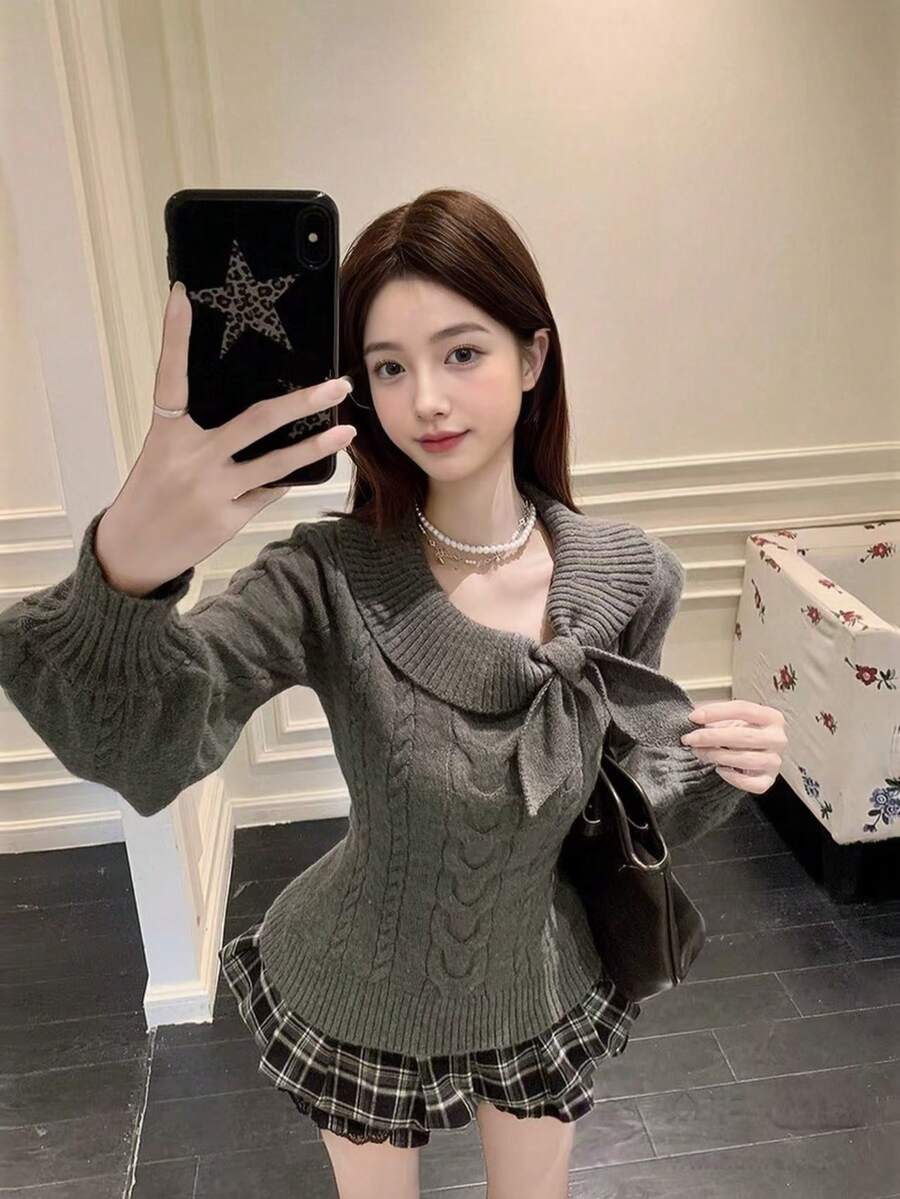 Fashionable Style Rabbit Ear Collar Waist Cinched Soft & Fluffy Fitted Women Knit Sweater, Valentine Tops For Women, Winter/Spring - Grey - View 1