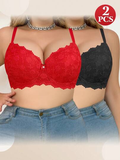 MIMILEMON 2pcs Plus Size Women's Underwire Supportive Bra, Full Lace Rhinestone Bow - Side Support, Shaping, Uplift, Sexy & Comfortable, Suitable For Daily And Special Occasions