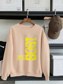 Haut en coton à épaules tombantes pour femme, sweat-shirt oversize aux formes harmonieuses, doublure polaire épaisse et chaude pour l'automne et l'hiver, style basique, ample et décontracté, streetwear polyvalent, style preppy, streetwear à manches longues, vêtements de sport pour femme. - Nude - Voir 3