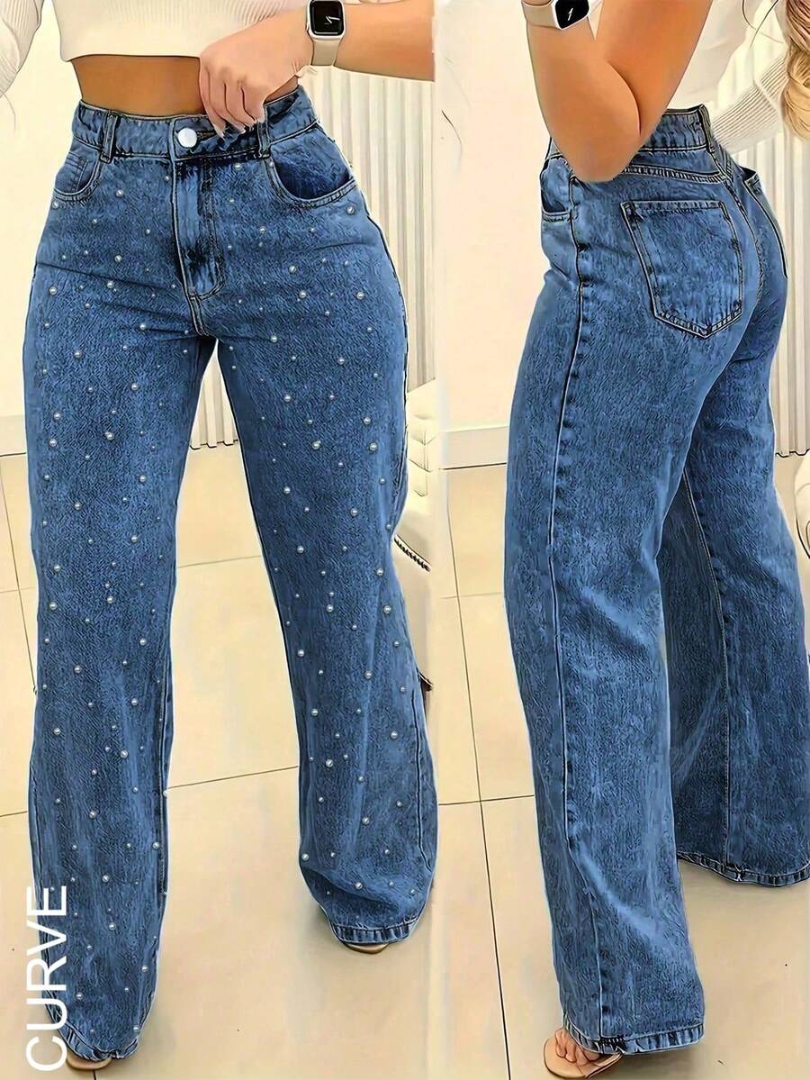 Sweet & Cool Pearl Embellished Washed Straight Leg Jeans - Women's Mid Rise Non-Stretch Denim - 深色水洗藍 - 查看 1