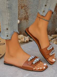 Women's Solid Color Beach TPU Rhinestone Slippers, Spring/Autumn - Brown - View 2