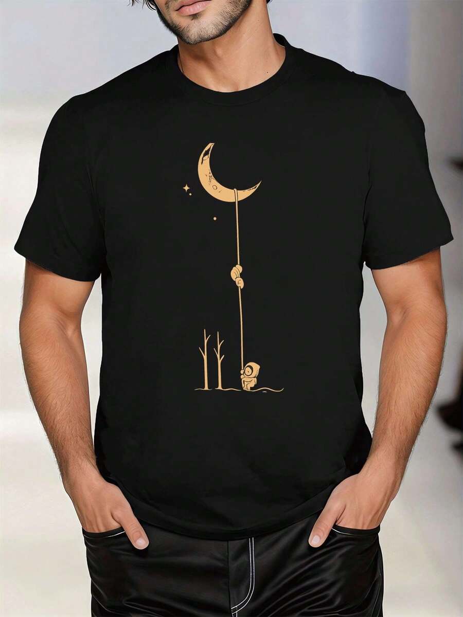 T-shirt nera da uomo con stampa lunare, qualità primaverile, tessuto di alta qualità, girocollo, vestibilità comoda, casual - nero - Visualizzare 1