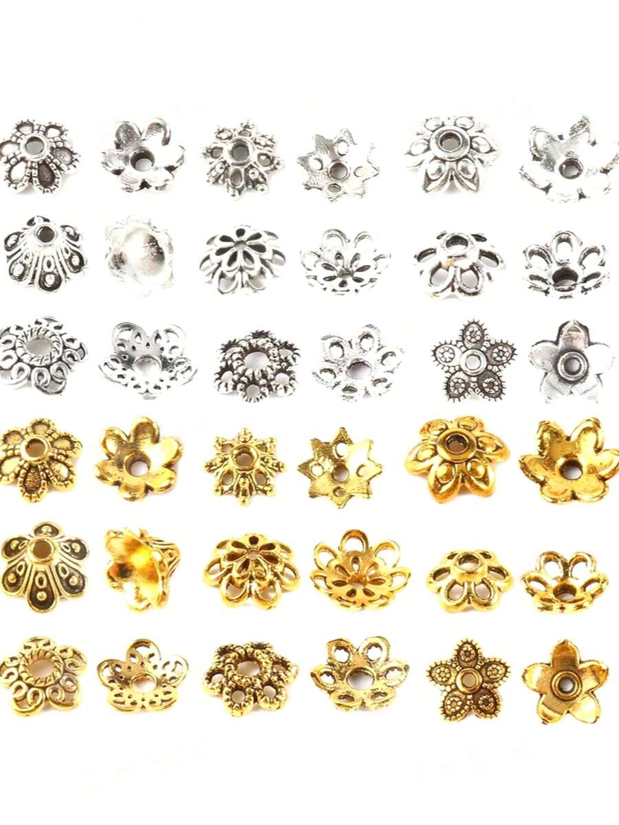 100pcs/Pack Vintage Mixed Style Hollow Flower End Cap Spacer Beads For DIY Bracelet Earring Necklace Jewelry Making - Multicolor - View 1