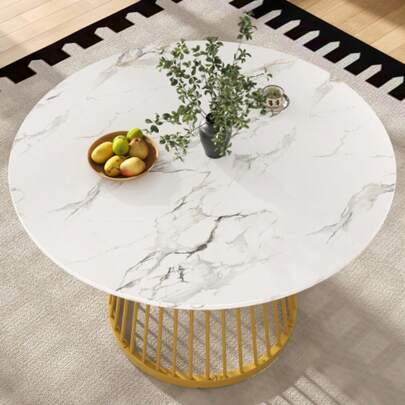 Round Dining Table (80*80*76cm), Kitchen Table, Round Coffee Table For 4, Suitable For Dining Room, Living Room, Metal Table Legs, MDF Marbled Tabletop, Gold Legs