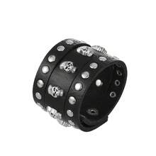 Brazalete de cuero negro exagerado con remaches, brazalete de remaches con picos, brazalete gótico punk de motocicleta, brazalete de cuero ancho, brazalete de puño, brazalete de hebilla metálica, unisex - Negro - Ver 19